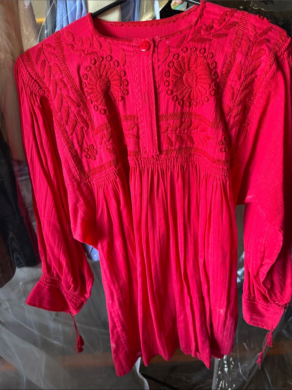 Bright Red Embroidered Boho Tunic Top